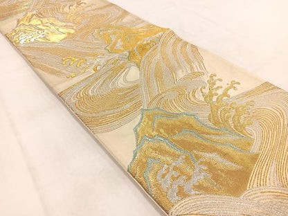 平和屋着物◎六通柄袋帯　唐織　立波風景文　金銀糸　正絹　逸品　BAAW2072yc