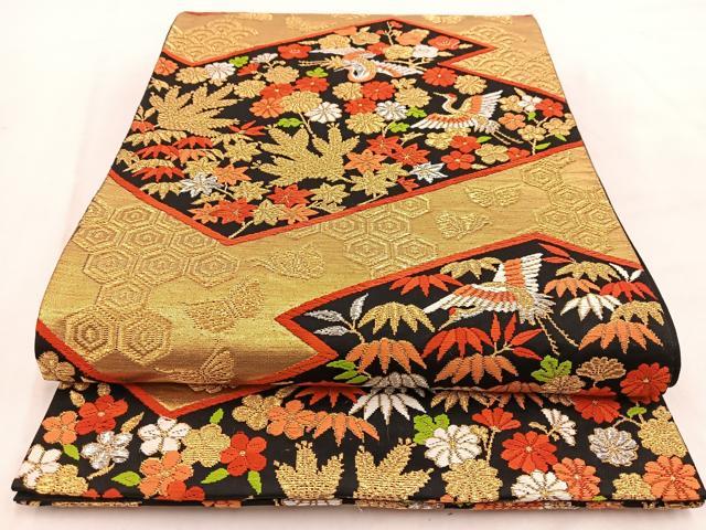 平和屋着物◎六通柄袋帯　飛鶴松竹梅花蝶文　黒地　金銀糸　正絹　逸品　BAAW2076yc