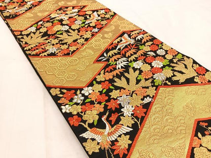 平和屋着物◎六通柄袋帯　飛鶴松竹梅花蝶文　黒地　金銀糸　正絹　逸品　BAAW2076yc