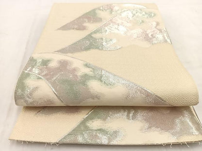 平和屋着物◎六通柄袋帯　重ね山文　銀糸　正絹　逸品　BAAW2091yc