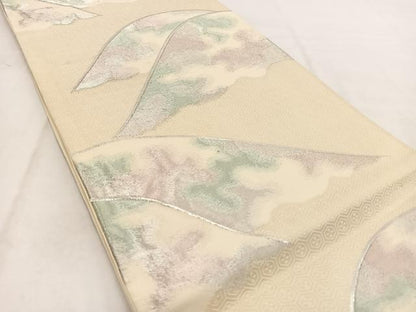 平和屋着物◎六通柄袋帯　重ね山文　銀糸　正絹　逸品　BAAW2091yc