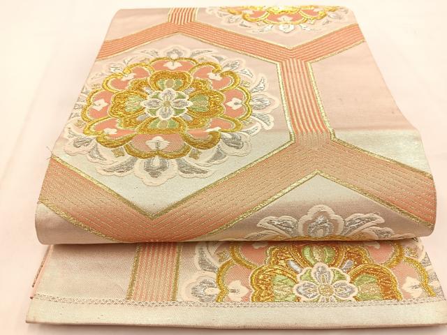 平和屋着物◎六通柄袋帯　唐織　亀甲花文　金銀糸　正絹　逸品　BAAW2092yc
