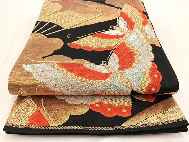 平和屋着物◎六通柄袋帯　扇面舞蝶文　黒地　金銀糸　正絹　逸品　BAAW2105yc