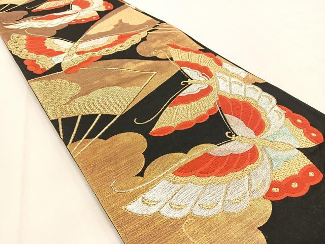 平和屋着物◎六通柄袋帯　扇面舞蝶文　黒地　金銀糸　正絹　逸品　BAAW2105yc