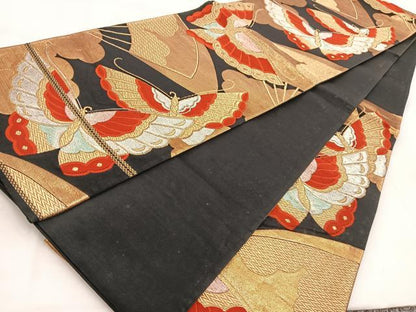 平和屋着物◎六通柄袋帯　扇面舞蝶文　黒地　金銀糸　正絹　逸品　BAAW2105yc