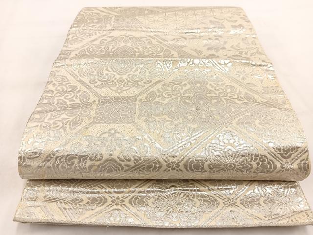 平和屋着物◎六通柄袋帯 切嵌更紗花文 銀糸 正絹 逸品 BAAW2120yc