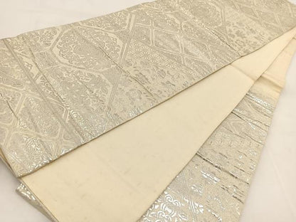 平和屋着物◎六通柄袋帯 切嵌更紗花文 銀糸 正絹 逸品 BAAW2120yc