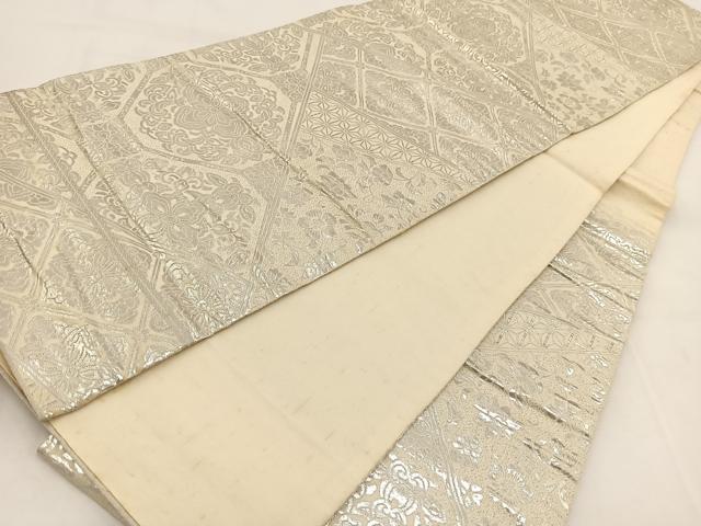 平和屋着物◎六通柄袋帯 切嵌更紗花文 銀糸 正絹 逸品 BAAW2120yc