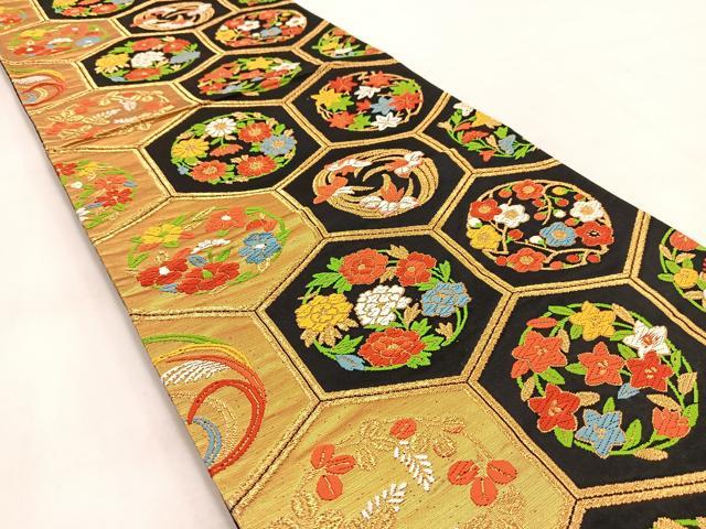 平和屋着物◎六通柄袋帯　唐織　亀甲花丸文　黒地　金糸　正絹　逸品　BAAW2126yc