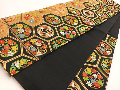 平和屋着物◎六通柄袋帯　唐織　亀甲花丸文　黒地　金糸　正絹　逸品　BAAW2126yc
