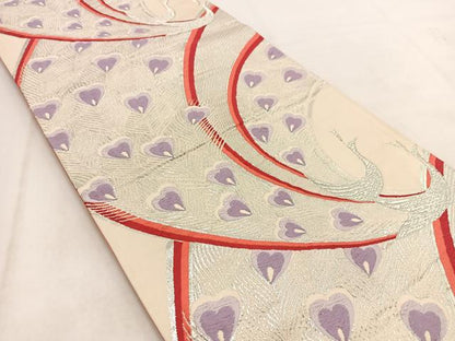 平和屋着物◎六通柄袋帯　唐織　孔雀　銀糸　正絹　逸品　BAAW2127yc
