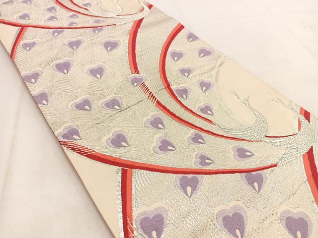 平和屋着物◎六通柄袋帯　唐織　孔雀　銀糸　正絹　逸品　BAAW2127yc