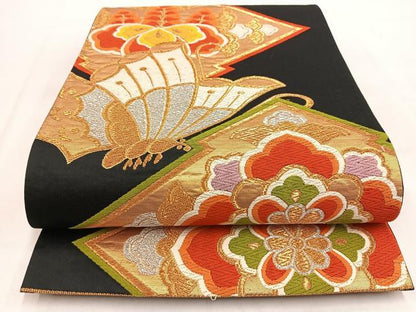 平和屋着物◎六通柄袋帯　唐織　松皮菱花蝶文　黒地　金銀糸　正絹　逸品　BAAW2129yc