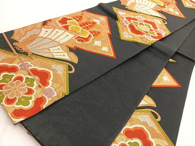 平和屋着物◎六通柄袋帯　唐織　松皮菱花蝶文　黒地　金銀糸　正絹　逸品　BAAW2129yc