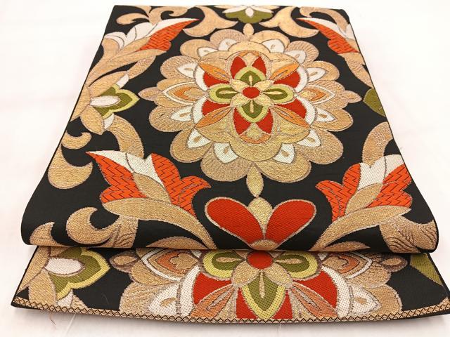 平和屋着物◎六通柄　本袋帯　唐織　更紗花文　黒地　金糸　正絹　逸品　BAAW2140yc