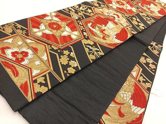 平和屋着物◎六通柄袋帯　唐織　鳳凰亀甲花蝶文　黒地　金糸　正絹　逸品　BAAW2142yc