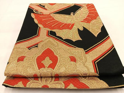 平和屋着物◎六通柄袋帯　唐織　亀甲花蝶文　黒地　金糸　正絹　逸品　BAAW2144yc