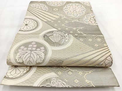 平和屋着物◎六通柄袋帯　唐織　プラチナ箔　扇花蝶文　正絹　逸品　BAAW2150yc