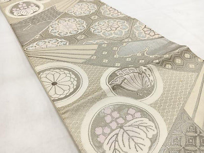 平和屋着物◎六通柄袋帯　唐織　プラチナ箔　扇花蝶文　正絹　逸品　BAAW2150yc
