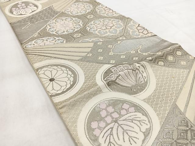 平和屋着物◎六通柄袋帯　唐織　プラチナ箔　扇花蝶文　正絹　逸品　BAAW2150yc