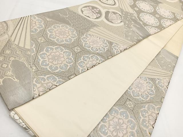 平和屋着物◎六通柄袋帯　唐織　プラチナ箔　扇花蝶文　正絹　逸品　BAAW2150yc