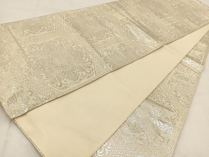 平和屋着物◎全通柄袋帯　亀甲花唐草文　銀糸　正絹　逸品　BAAW2159yc