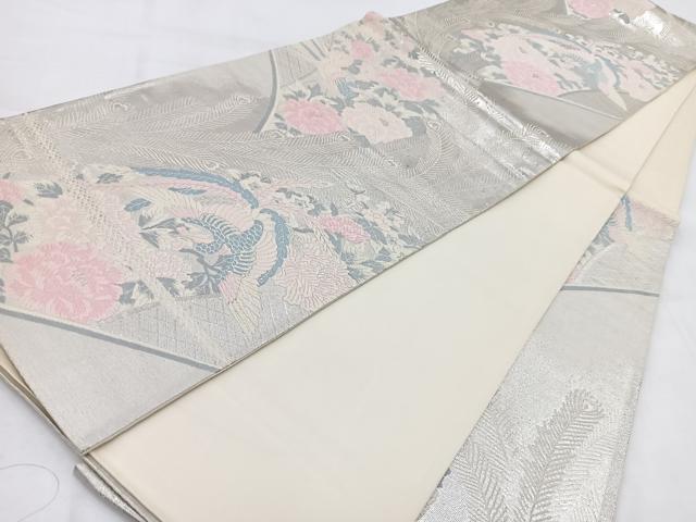 平和屋着物◎六通柄袋帯　唐織　鳳凰牡丹文　銀糸　正絹　逸品　BAAW2167yc