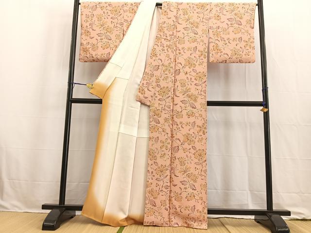 平和屋着物●上質な小紋 型染め 更紗花文 鬼しぼ縮緬 正絹 逸品 BAAW2175yc
