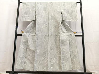 平和屋着物▽上質な紬　単衣　100亀甲　色紙更紗花文　正絹　逸品　BAAW2189yc