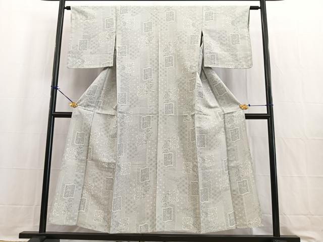 平和屋着物▽上質な紬　単衣　100亀甲　色紙更紗花文　正絹　逸品　BAAW2189yc