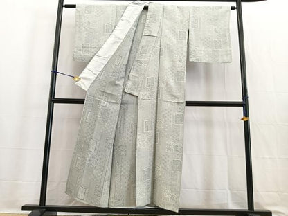 平和屋着物▽上質な紬　単衣　100亀甲　色紙更紗花文　正絹　逸品　BAAW2189yc