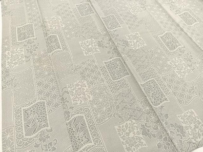 平和屋着物▽上質な紬　単衣　100亀甲　色紙更紗花文　正絹　逸品　BAAW2189yc