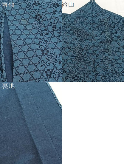 平和屋着物▽上質な小紋 単衣 藍 型染め 流水花文 鬼しぼ縮緬 正絹 逸品 BAAW2191yc