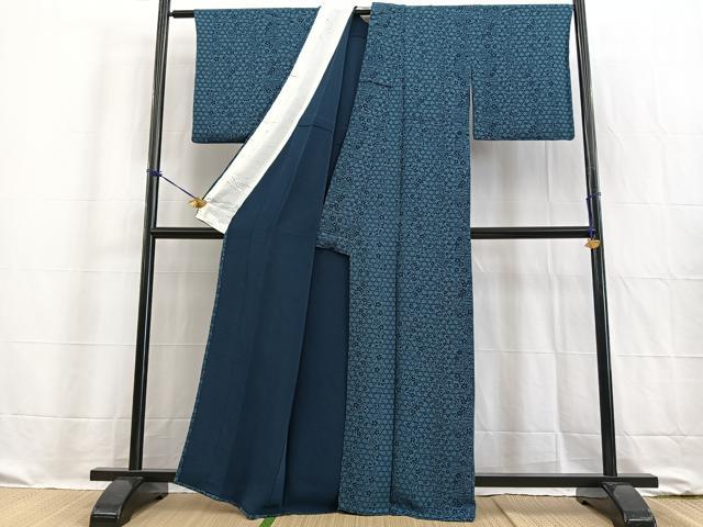平和屋着物▽上質な小紋 単衣 藍 型染め 流水花文 鬼しぼ縮緬 正絹 逸品 BAAW2191yc