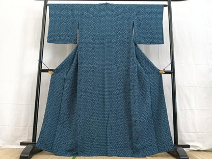 平和屋着物▽上質な小紋 単衣 藍 型染め 流水花文 鬼しぼ縮緬 正絹 逸品 BAAW2191yc