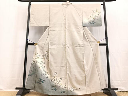 平和屋着物▽訪問着 単衣 紬地 枝桜文 金彩 正絹 逸品 BAAW2194yc