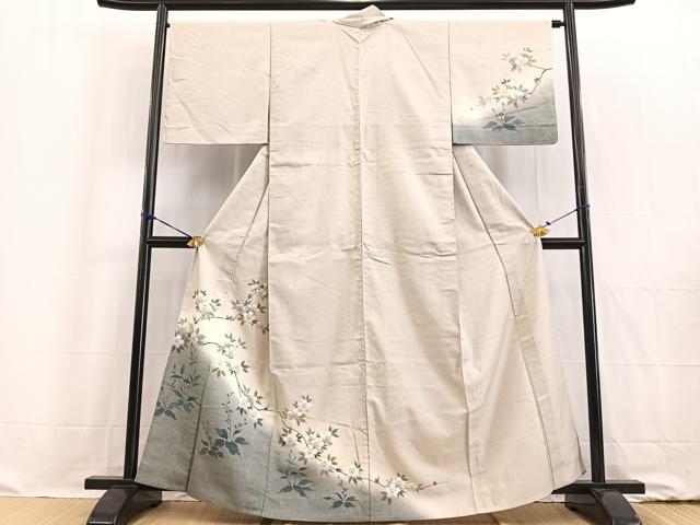 平和屋着物▽訪問着 単衣 紬地 枝桜文 金彩 正絹 逸品 BAAW2194yc