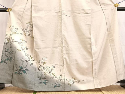 平和屋着物▽訪問着 単衣 紬地 枝桜文 金彩 正絹 逸品 BAAW2194yc