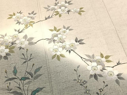 平和屋着物▽訪問着 単衣 紬地 枝桜文 金彩 正絹 逸品 BAAW2194yc