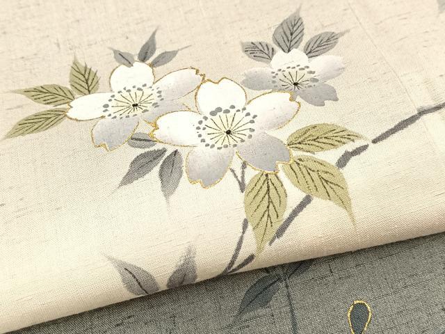 平和屋着物▽訪問着 単衣 紬地 枝桜文 金彩 正絹 逸品 BAAW2194yc
