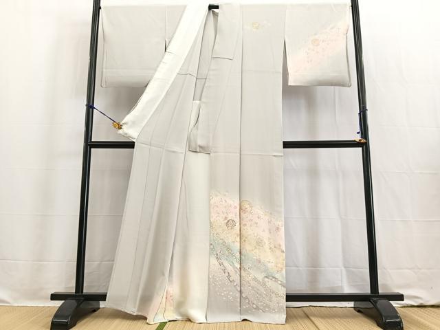 平和屋着物▽訪問着 単衣 駒刺繍 流水花文 暈し染め 金彩 正絹 逸品 BAAW2198yc