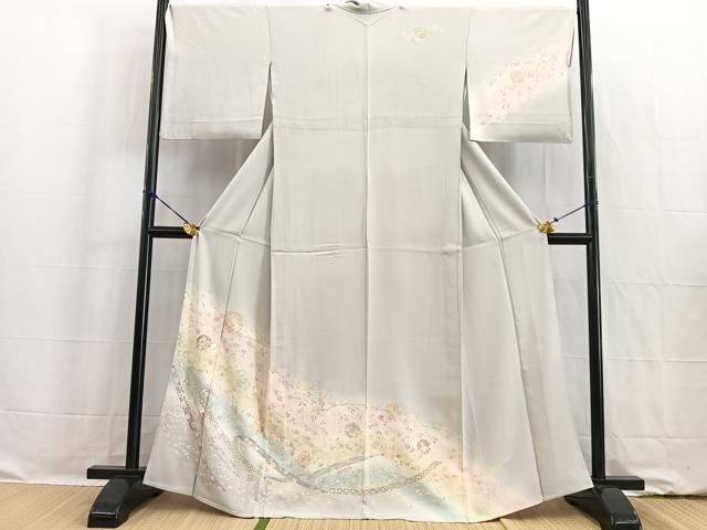 平和屋着物▽訪問着 単衣 駒刺繍 流水花文 暈し染め 金彩 正絹 逸品 BAAW2198yc