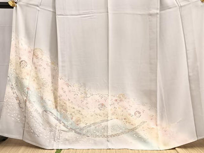 平和屋着物▽訪問着 単衣 駒刺繍 流水花文 暈し染め 金彩 正絹 逸品 BAAW2198yc