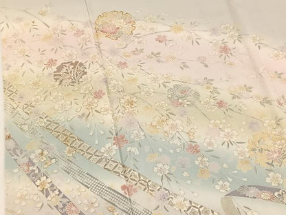 平和屋着物▽訪問着 単衣 駒刺繍 流水花文 暈し染め 金彩 正絹 逸品 BAAW2198yc