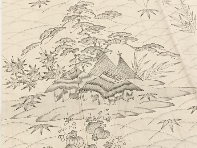 平和屋着物▽訪問着 単衣 紬地 手描き 松竹梅 御所解花文 正絹 逸品 BAAW2201yc