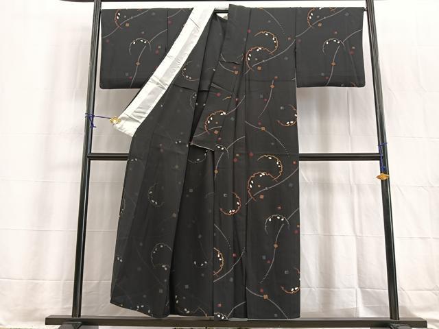 平和屋着物▽上質な小紋 単衣 雪輪花弁文 黒地 金彩 正絹 逸品 BAAW2203yc