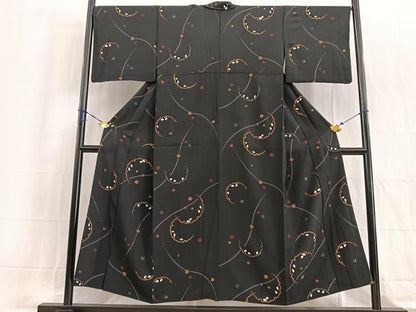 平和屋着物▽上質な小紋 単衣 雪輪花弁文 黒地 金彩 正絹 逸品 BAAW2203yc
