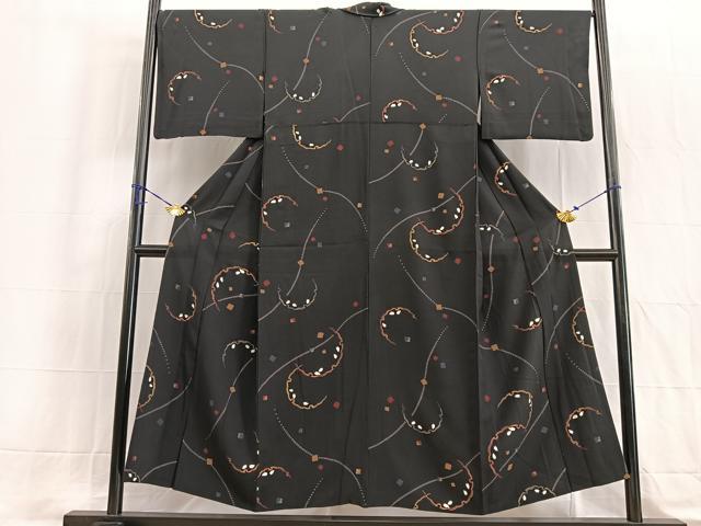 平和屋着物▽上質な小紋 単衣 雪輪花弁文 黒地 金彩 正絹 逸品 BAAW2203yc