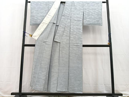 平和屋着物▽上質な色無地 単衣 草花地紋 灰青色 正絹 逸品 未使用 BAAW2217yc