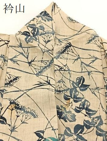 平和屋着物＊夏物　生紬　型染め　彩巧草木染　草花文　反端付き　正絹　逸品　BAAW2222yc